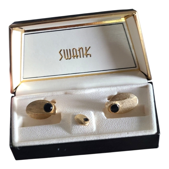 vintage Swank gold-tone‎ cufflinks tie tack set with black onyx stones